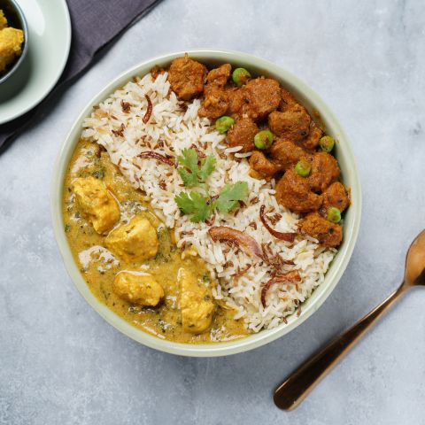 Lasooni methi chicken, soya masala sabzi & jeera pulao