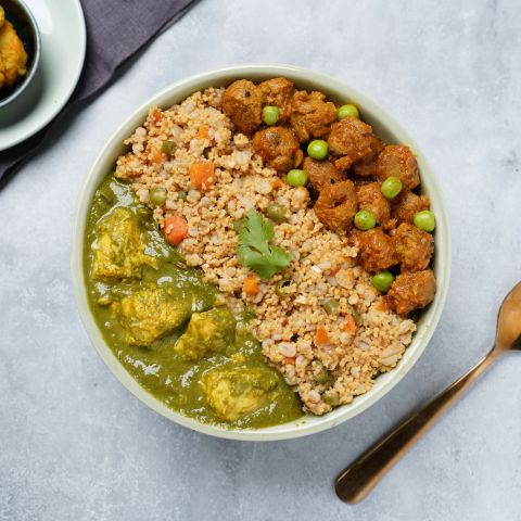 Palak chicken, soya matar & millet pulao