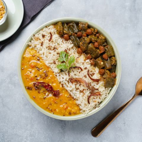 Yellow dal tadka, bhindi chana & jeera pulao