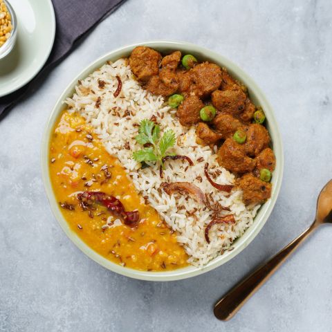 Yellow dal tadka, soya masala sabzi & jeera pulao