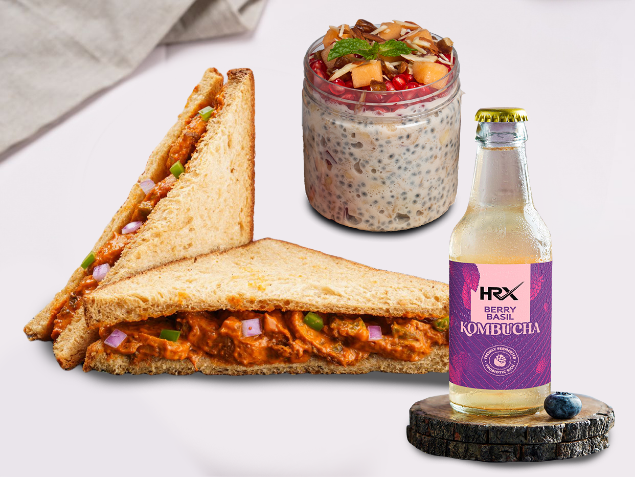 Sandwich oatmeal and kombucha combo