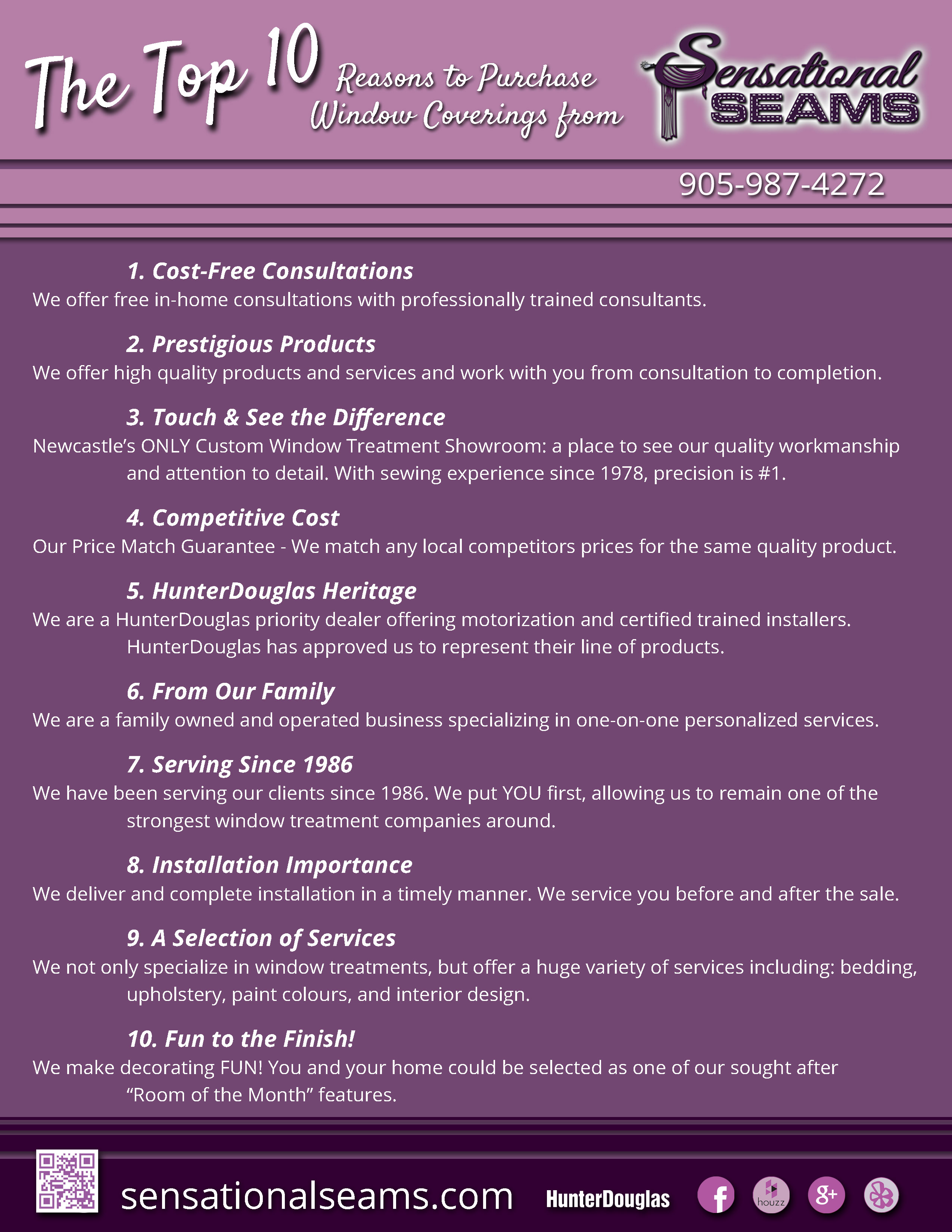 Top 10 Reasons to work with Sensational SEAMS - Motorized Window Treatments in Newcastle, ON