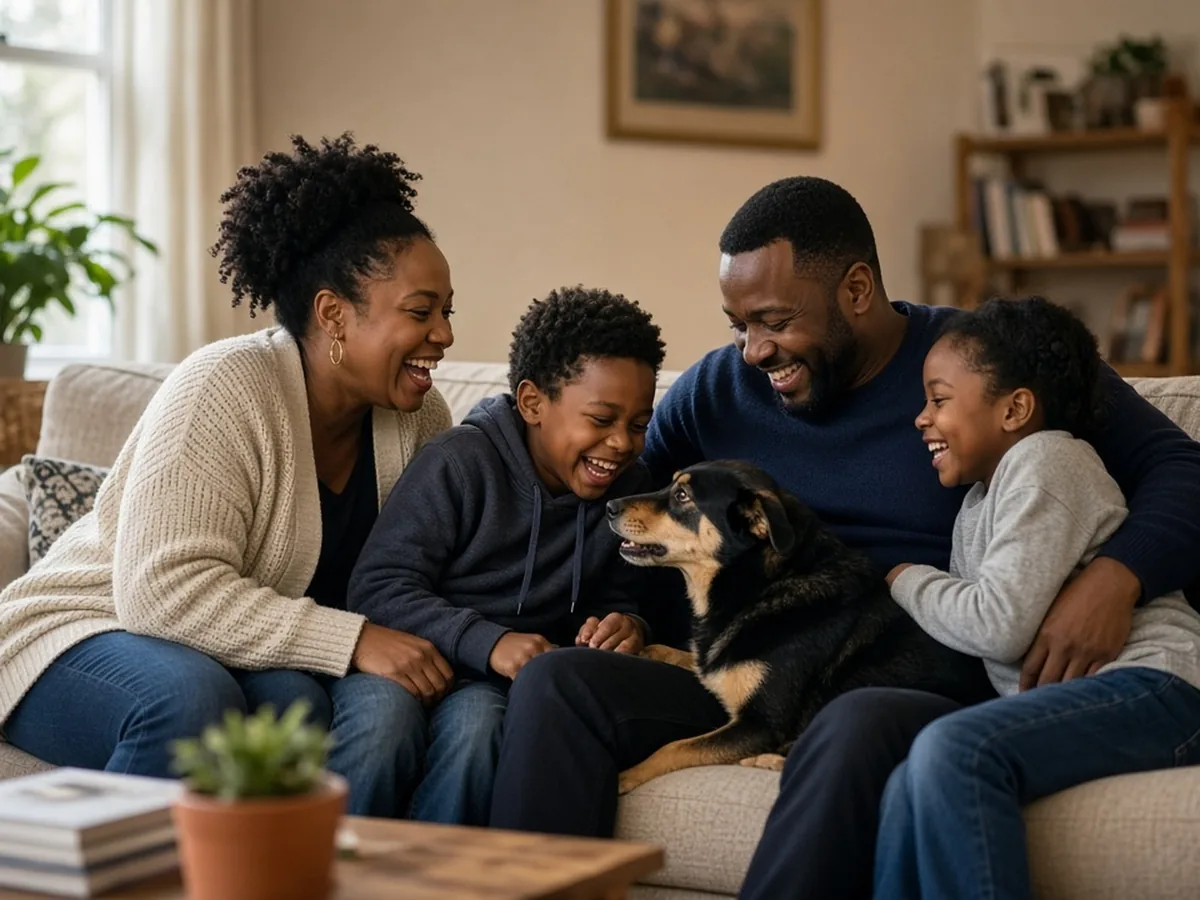 Parents and kids at home, laughing together
