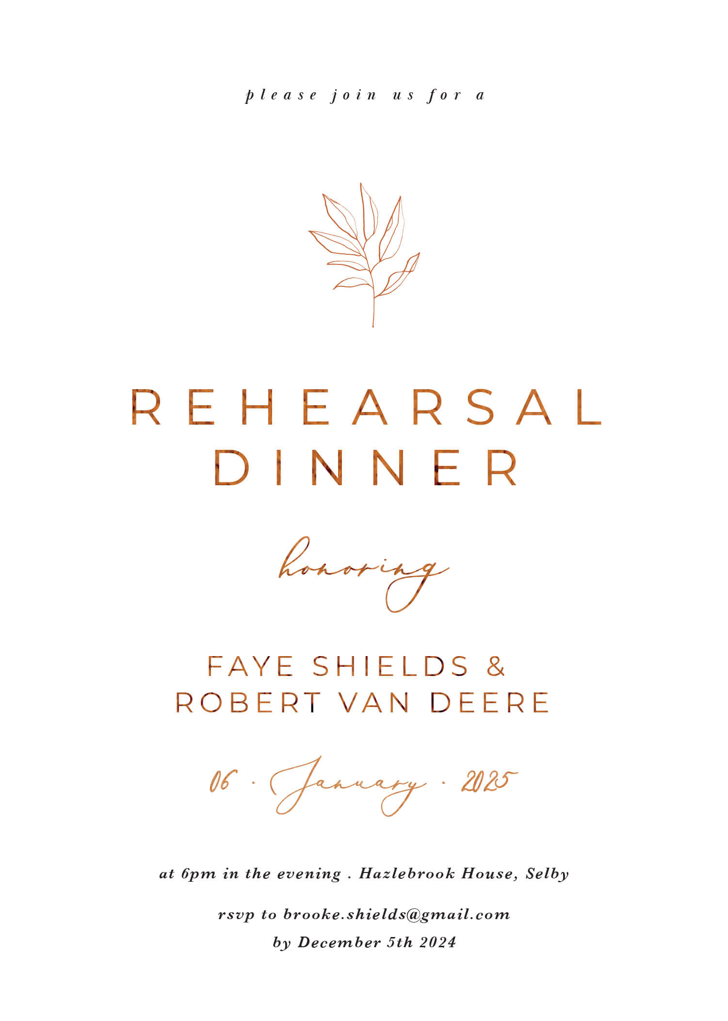 Rustic Leaves Wedding Rehearsal Invitations - Flat Foil design preview