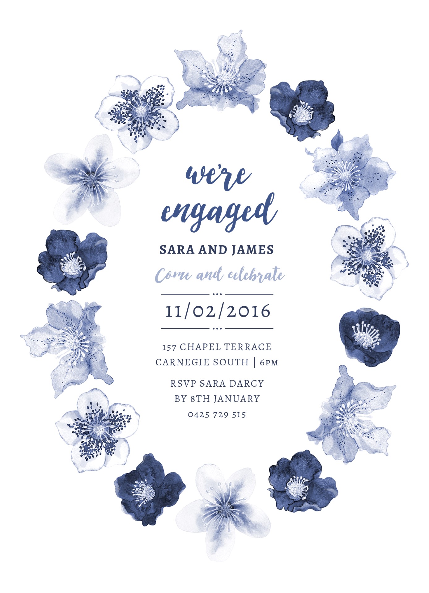 Blue Floral Engagement Invitations - Digital Printing design preview