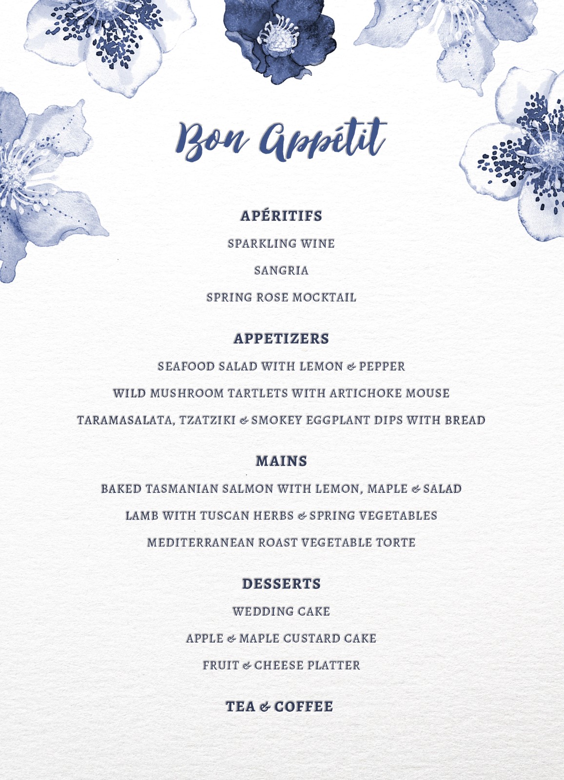 Blue Floral Wedding Menu - Letterpress & Digital design preview
