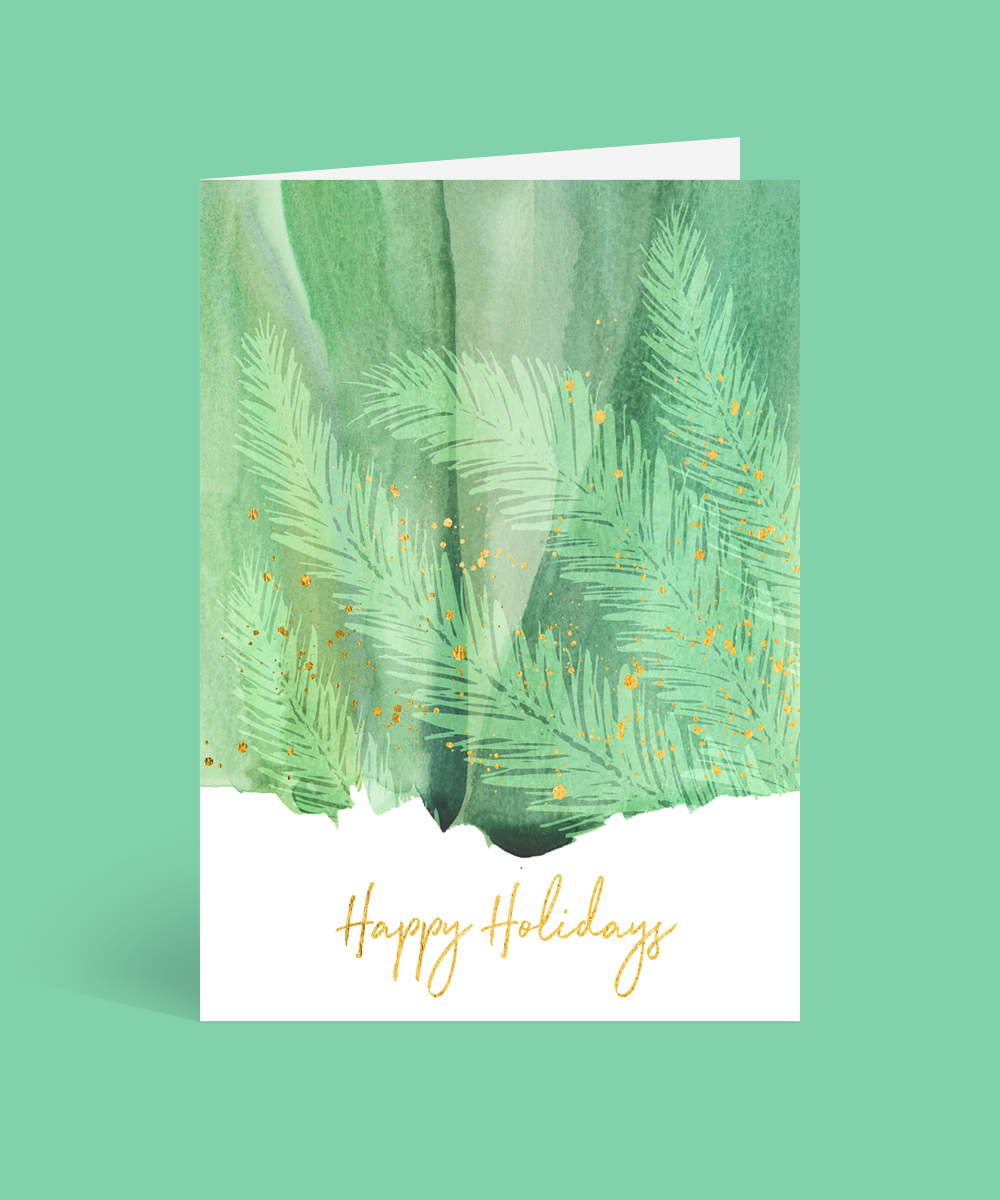Watercolor Flocked Pine Christmas Cards - Flat Foil design preview