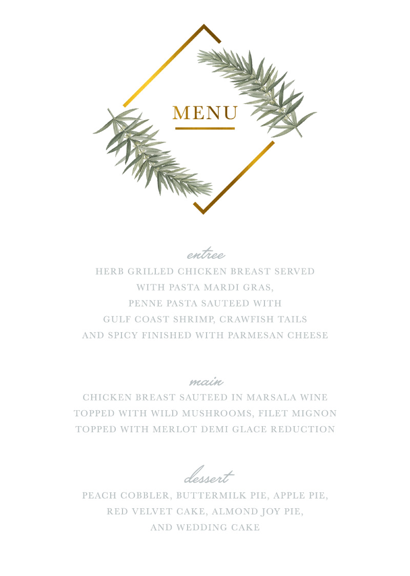 Diamond Branch Wedding Menu - Flat Foil design preview