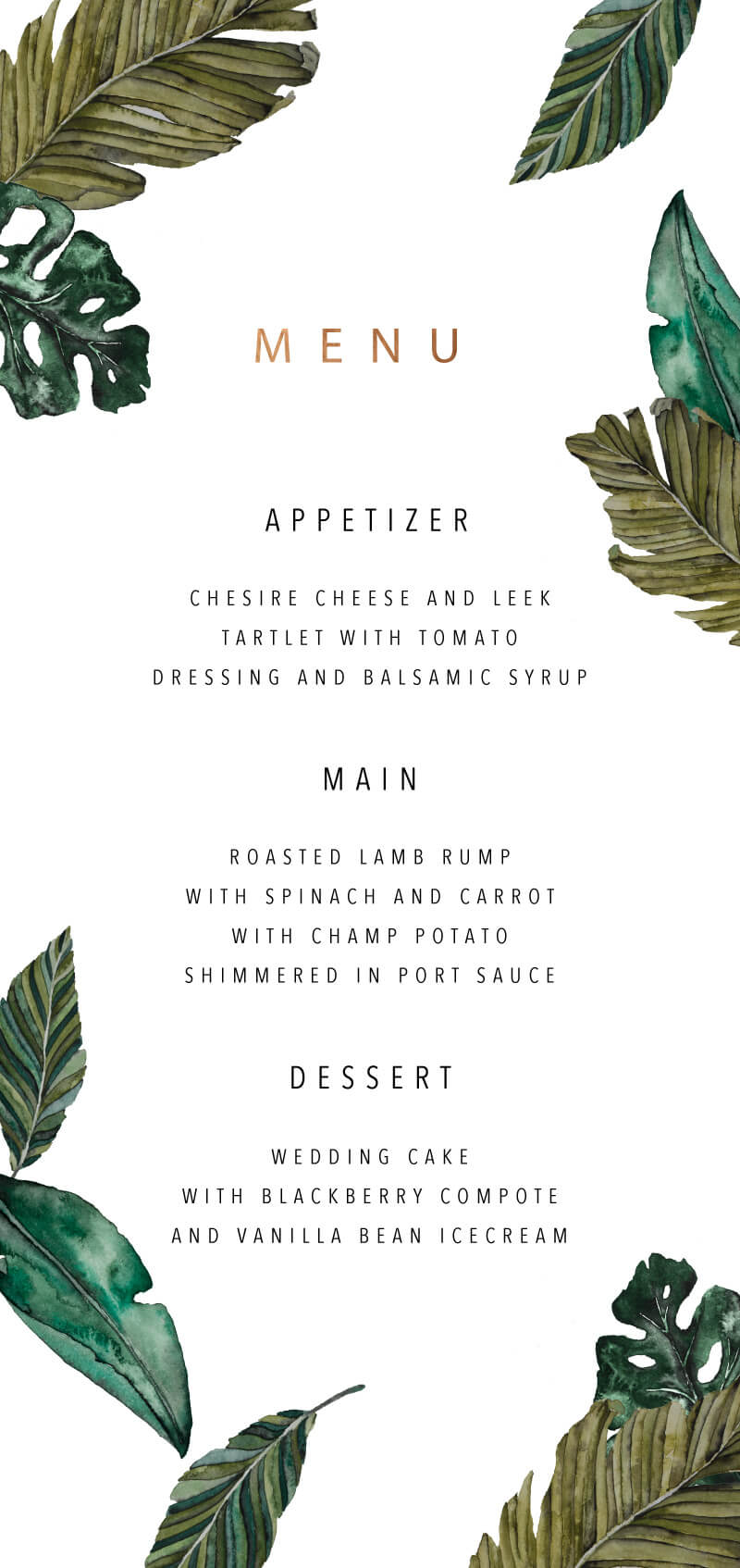 Moody Tropics Wedding Menu - Flat Foil design preview