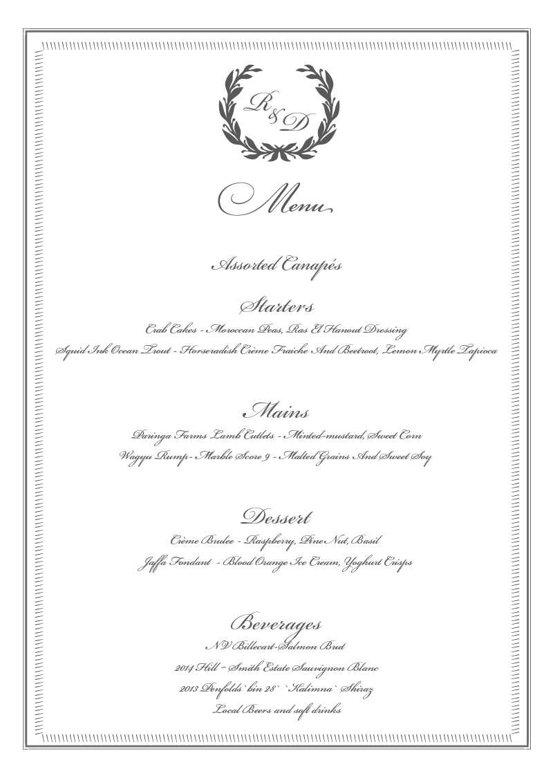 Regal Wreath Wedding Menu - Letterpress design preview