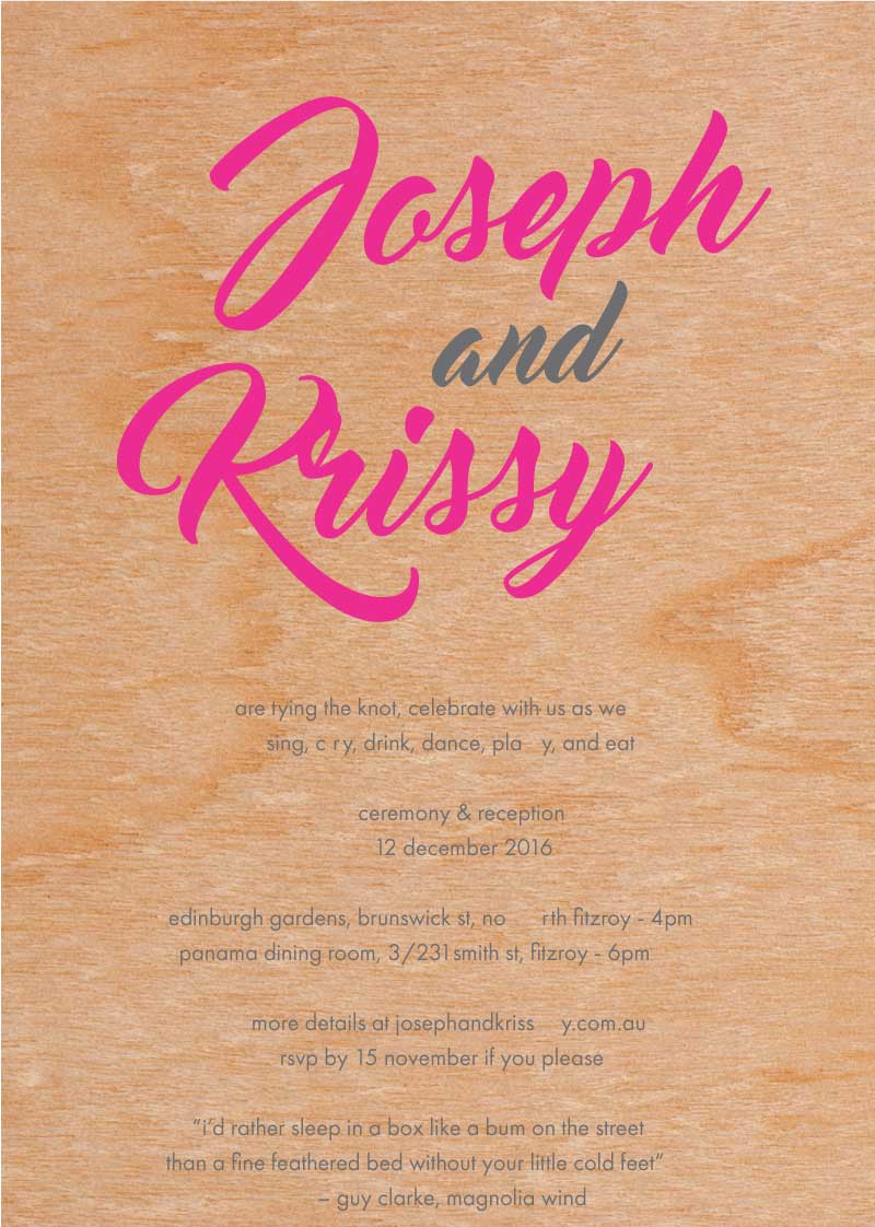 Modern Script Wedding Invitations - Print On Wood design preview