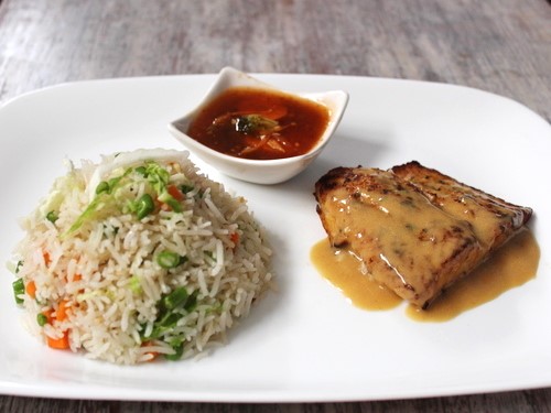 Basil & Mustard Fish with Veg Fried Rice