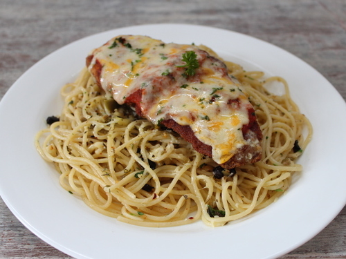 Chicken Parmigiana with Spaghetti Aglio Olio