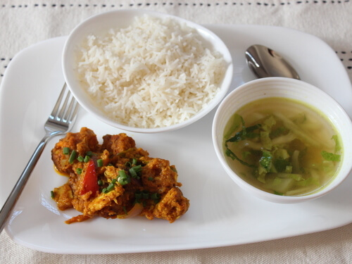 Fish Vinday with Coriander Rice & Lentils Stew