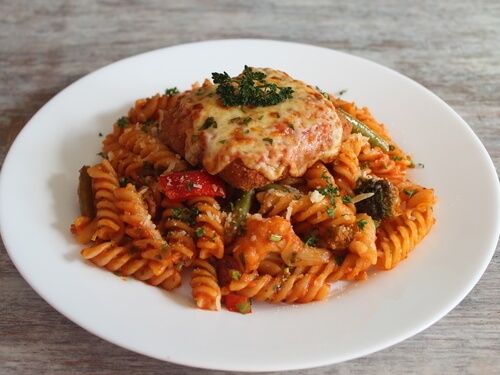 Tofu Parmigiana with Fussilli Arrabiata