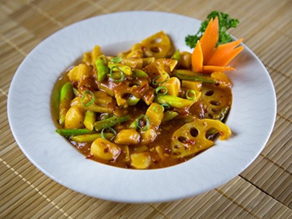 Lotus Stem Asparagus and Water Chestnuts Stir Fried in Korean Chilli Sauce