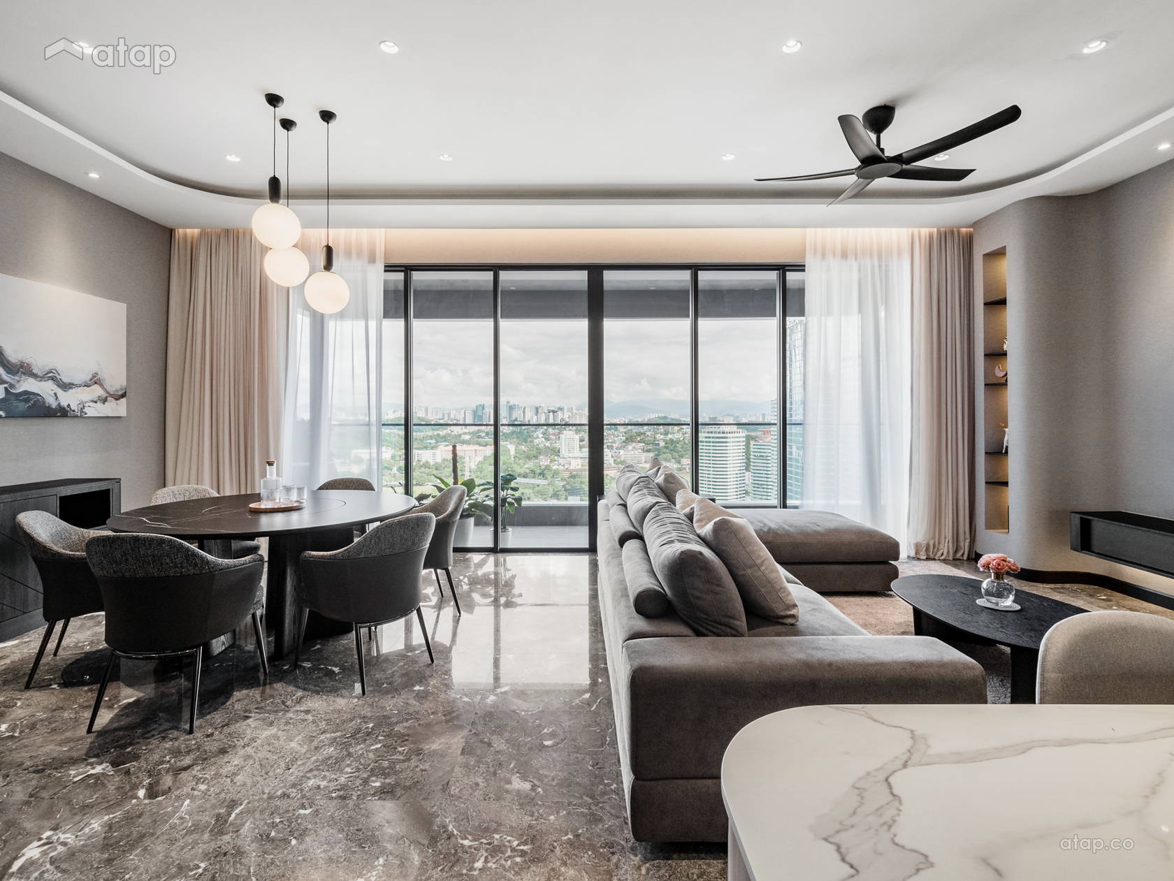 View of Contemporary Industrial Dining Room Living Room condominium design ...
