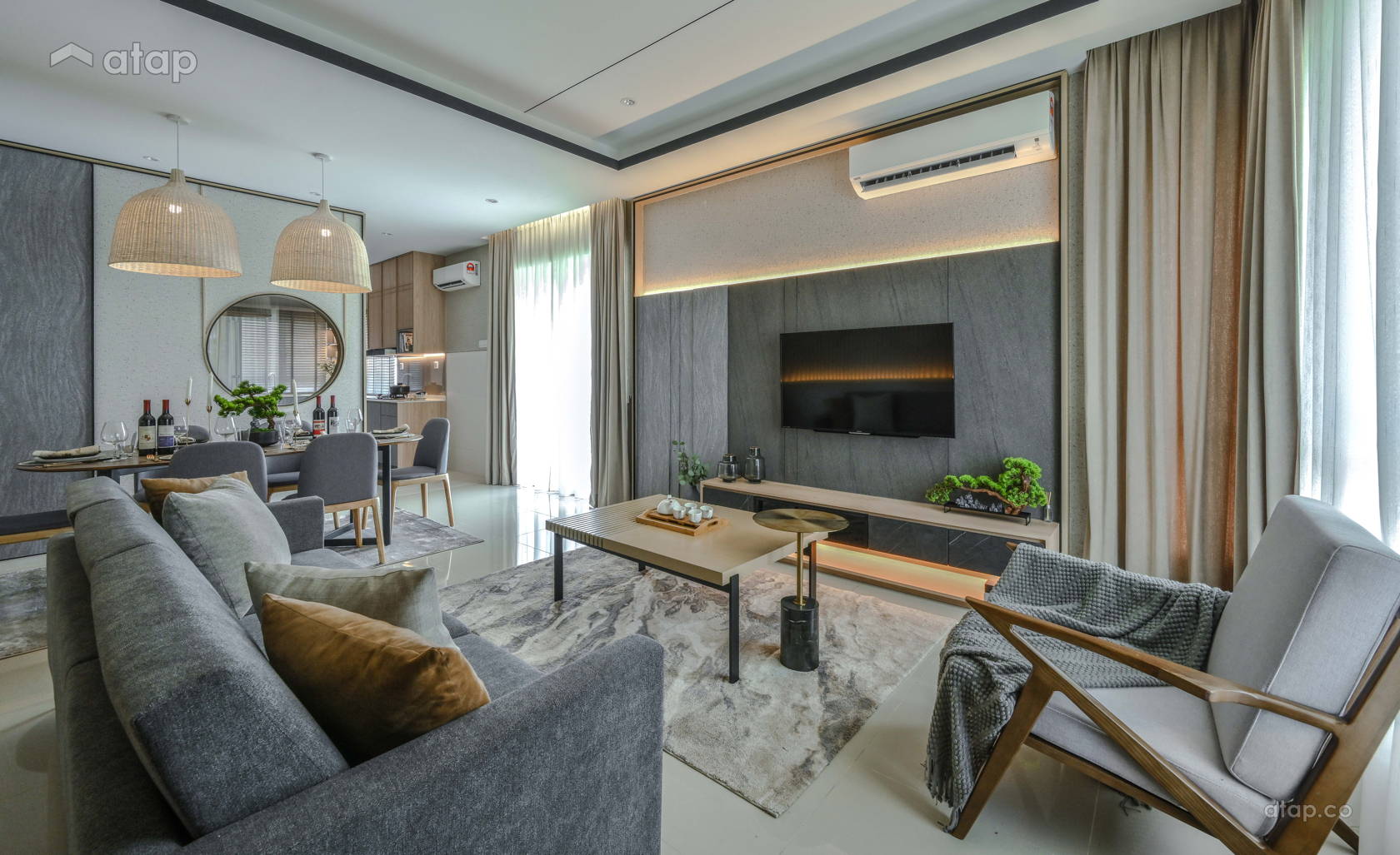 Zen Dining Room Living Room semi-detached design ideas & photos ...