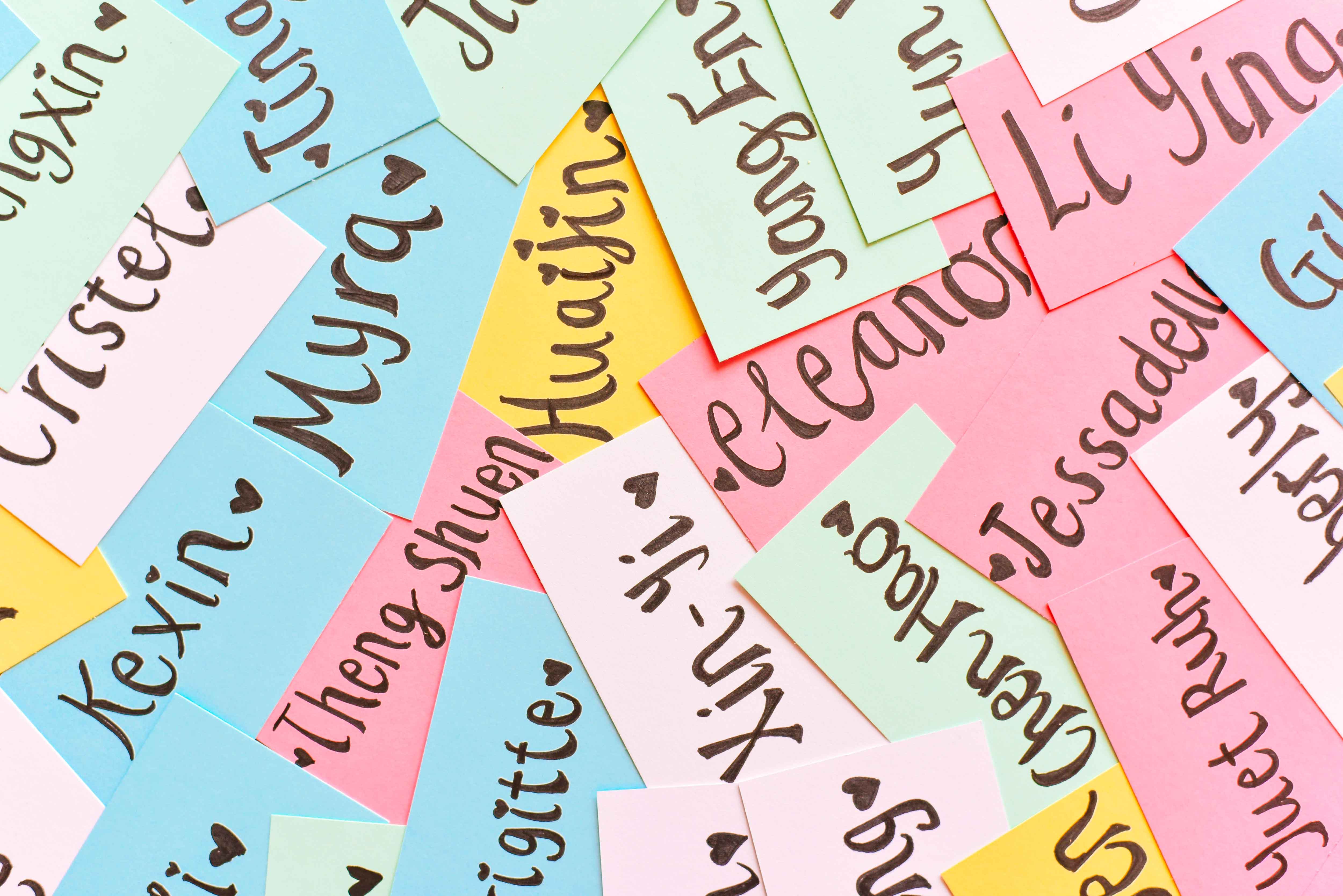 colored papers with different names written