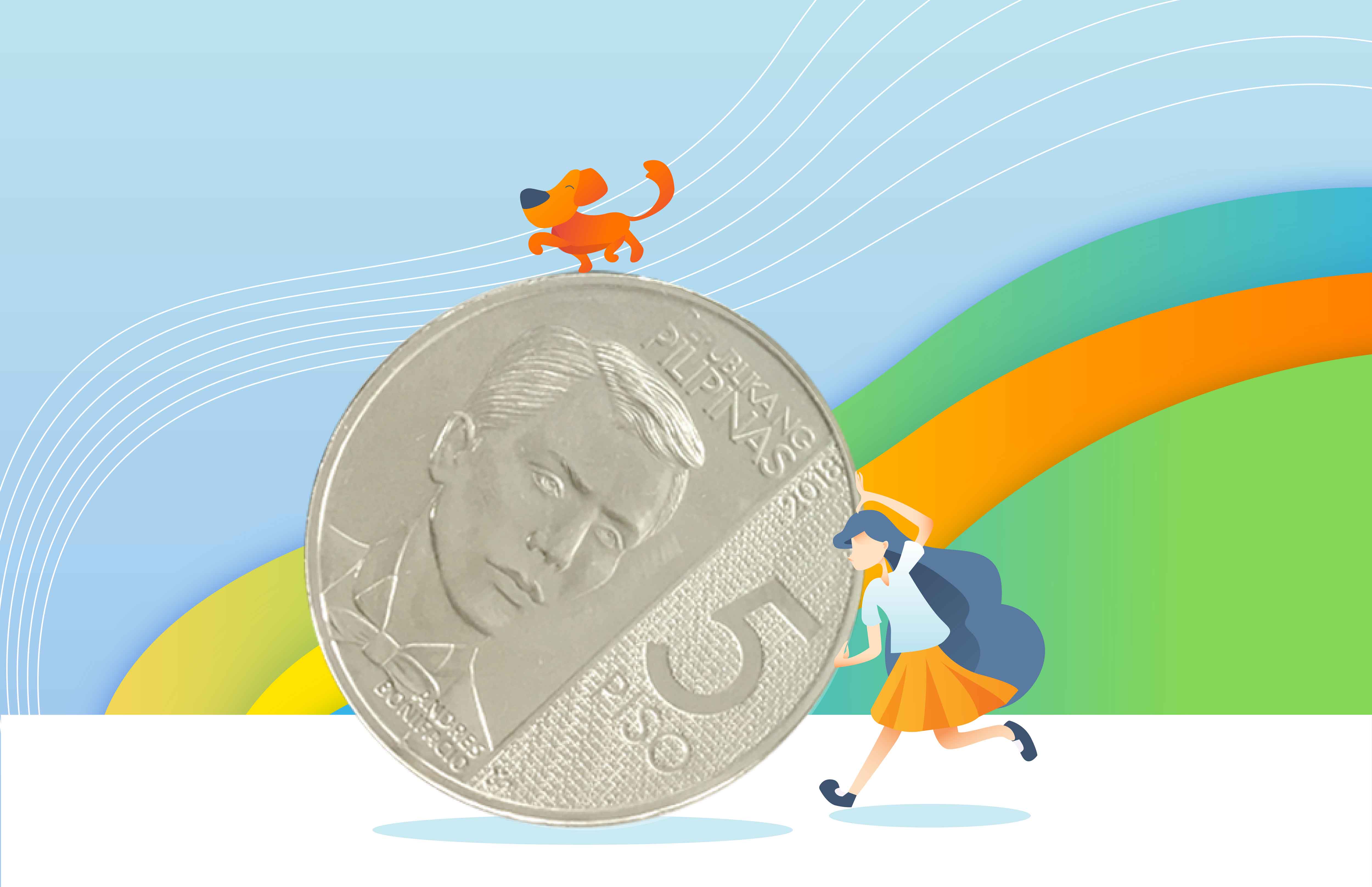 Illustration of a schoolgirl rolling a giant 5-peso coin. A dog balances itself on top of the coin