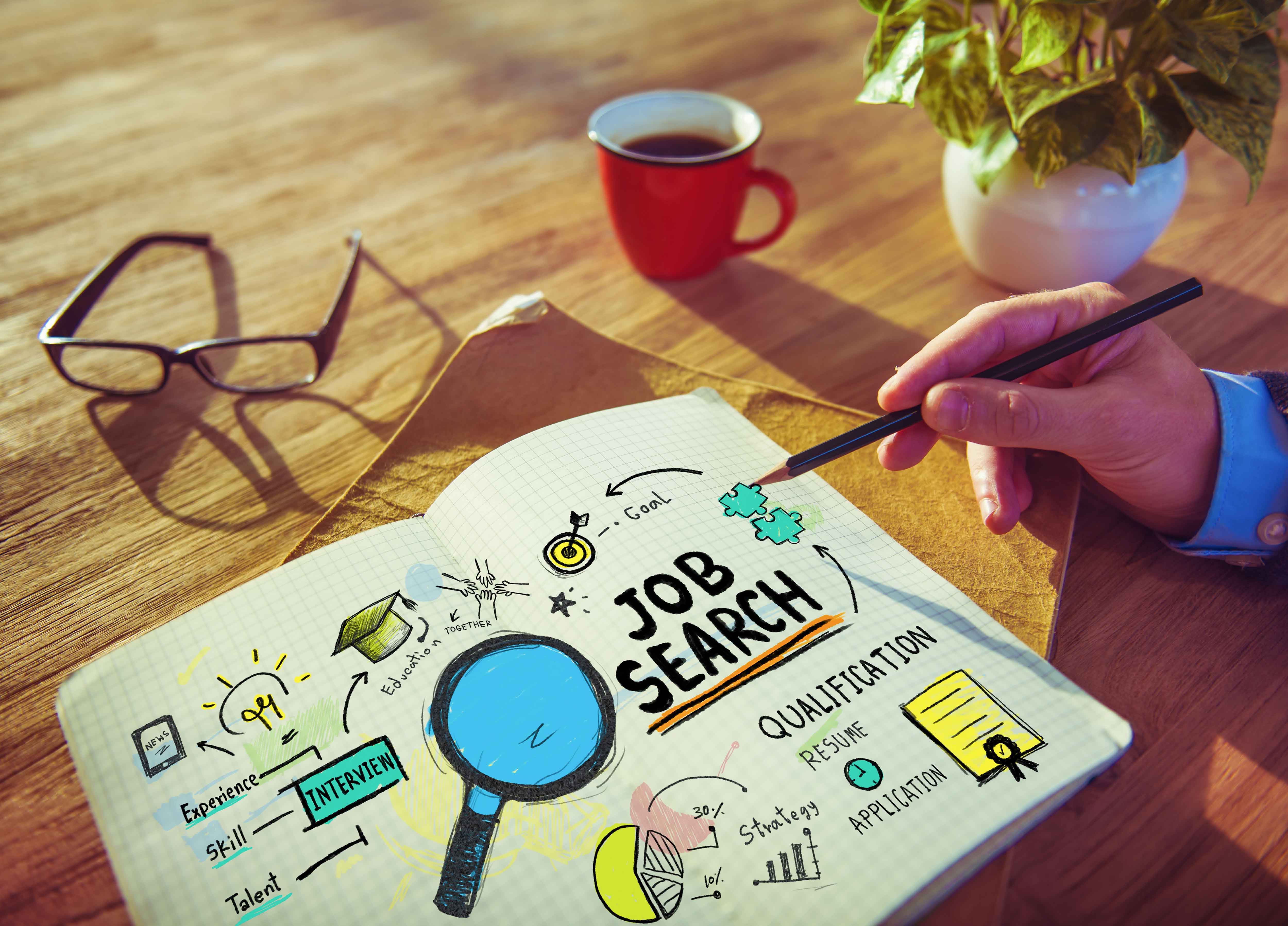 glasses, coffee and notebook on table; hand doodling words such as "job search," "qualification" and "interview." Other symbols such as graduation cap, light bulb and magnifying glass drawn on notebook
