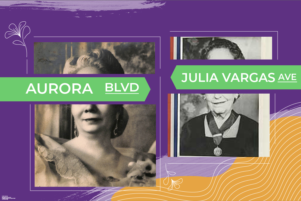 women's portraits with their eyes covered up by street names aurora boulevard and julia vargas avenue