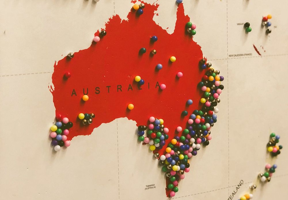 Map of Australia with pins on its major cities