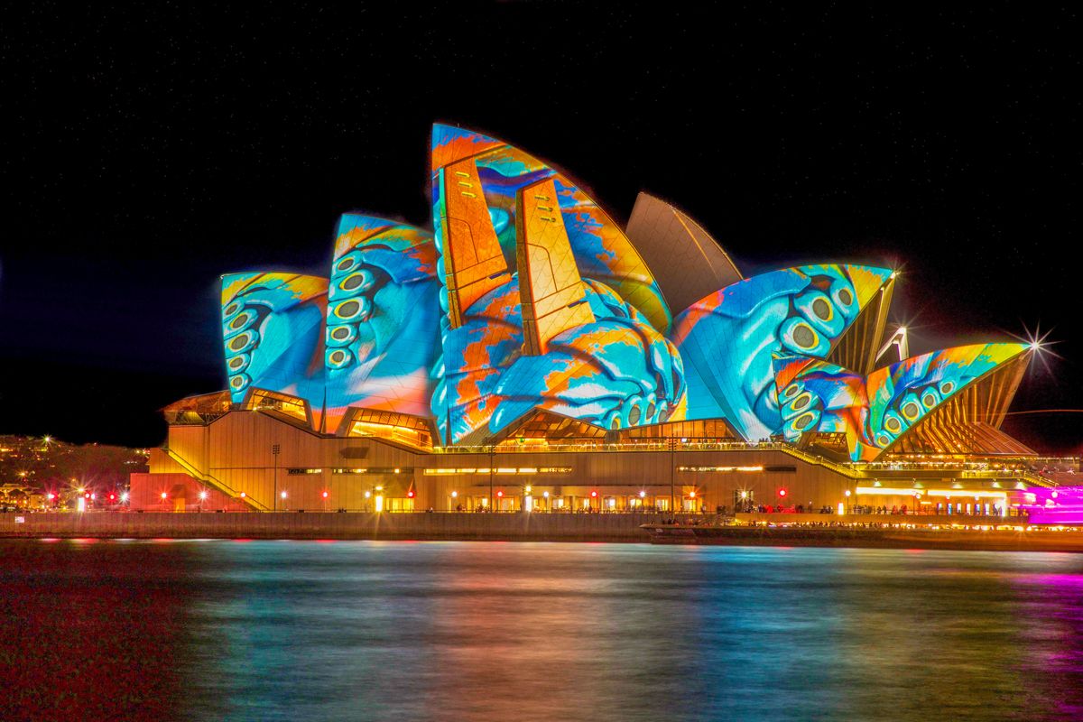 Nighttime view of the Sydney Opera House light show in Australia