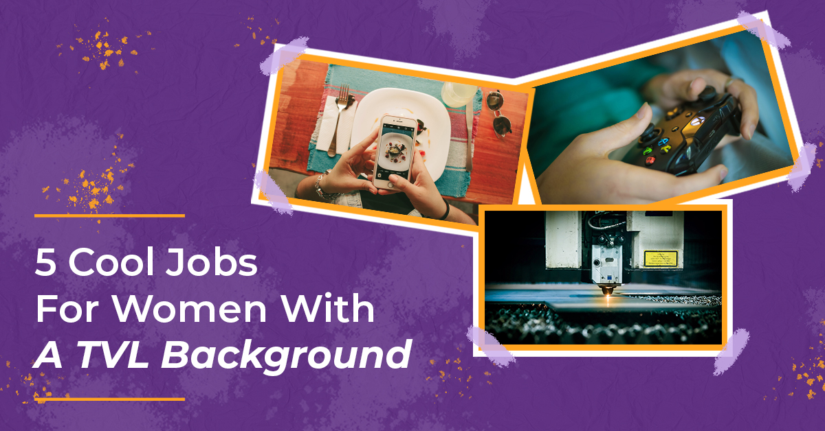 Photo collage of TVL jobs. Food stylist, video game tester, and CNC machine