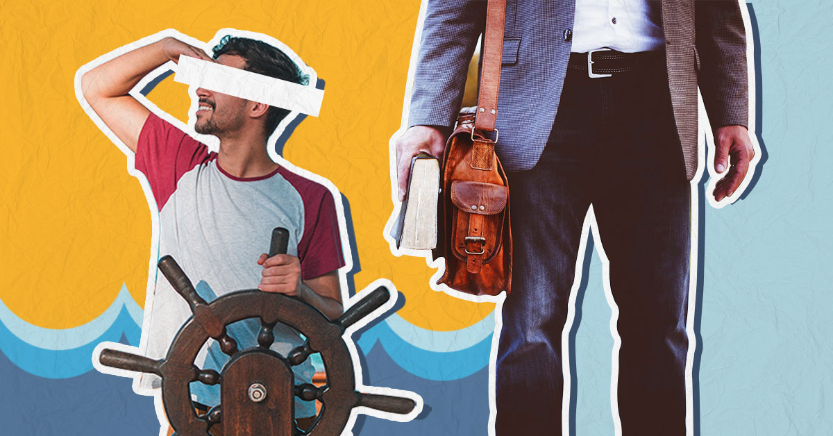 man in suit and man holding a ship's wheel