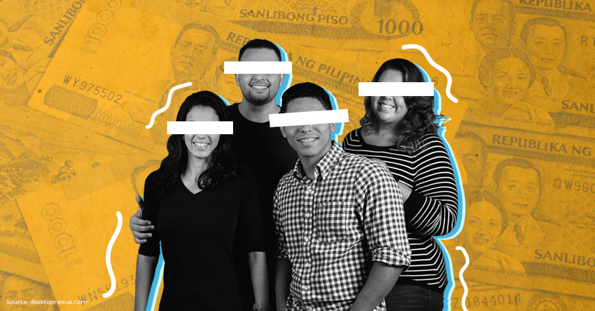 financial problems collage showing money and family picture, eyes covered by rectangular white boxes