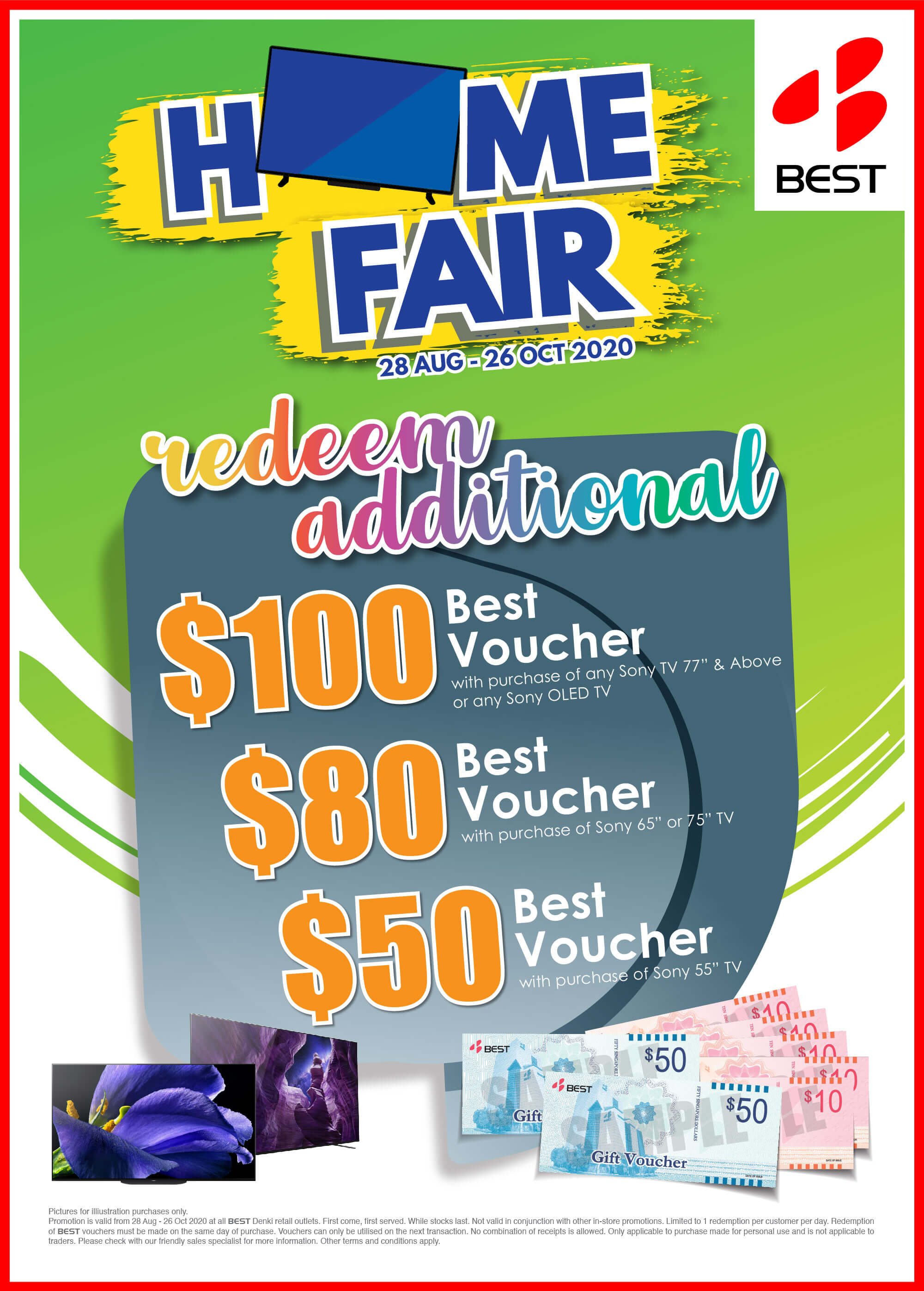 28 Aug to 26 Oct 2020: Best Denki Home Fair Redeem up to $100 Additional Best Vouchers 28 Aug to 26 Oct 2020: Best Denki Home Fair Redeem up to $100 Additional Best Vouchers