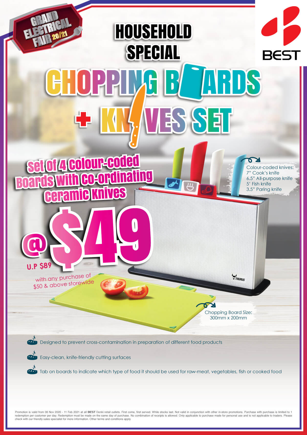 Best Denki Household Special Chopping Board and Knives Set at $49 with any purchase of $50 and above storewide Best Denki Household Special Chopping Board and Knives Set at $49 with any purchase of $50 and above storewide