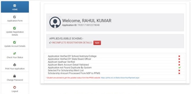 National Scholarship Portal User Dashboard