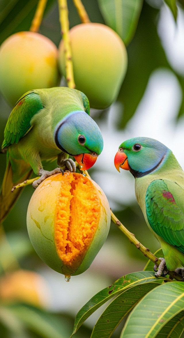 A pair of parrots eating mangoes sweet moment.