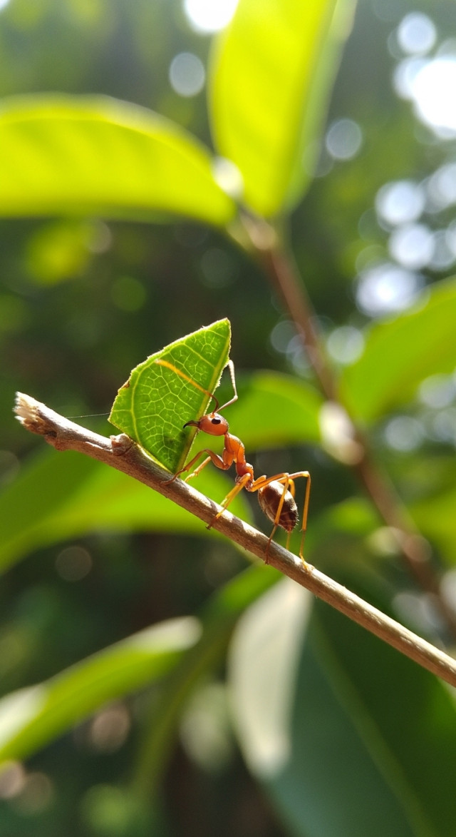 Ant near a leaf, nature's little hero