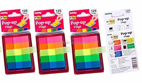 Oddy Re-Stick Pop Up Flags,  12 x 45mm,  5 Colors,  125 Flags per Pack - 3 Packs