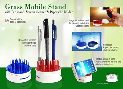 Grass Mobile Stand with Pen Stand, Screen Cleaner & Paper Clip Holder