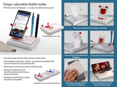 Grippo Mobile Holder with Angle Adjustment, Pen Stand, And Notepad