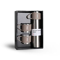 Beige Vacuum Flask Gift Set- Bottle with 3 Cups