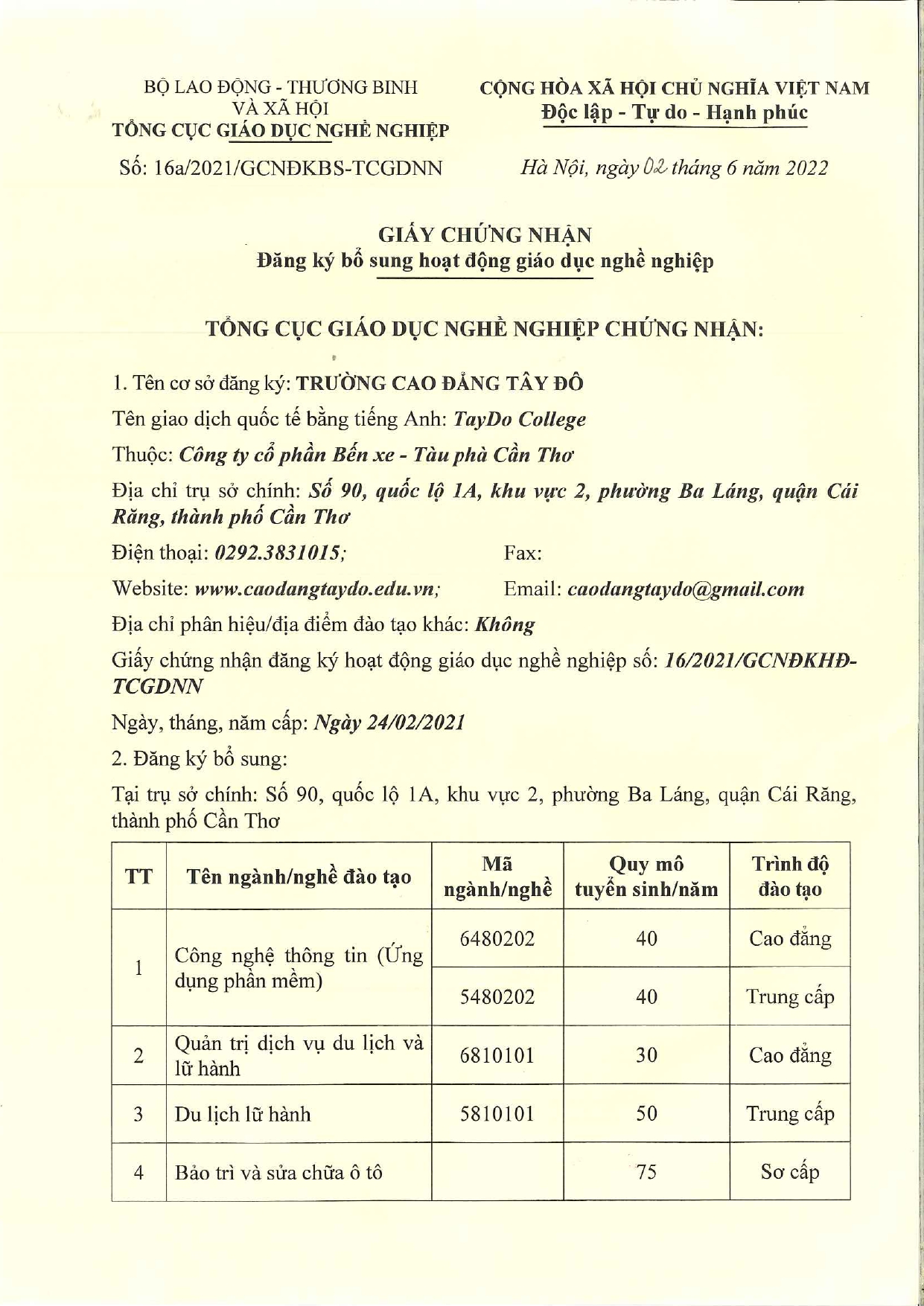 giấy chứng nhận đăng ký bổ sung hoạt động giáo dục nghề nghiệp