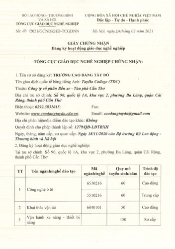 Giấy chứng nhận đăng k&yacute; bổ sung hoạt động gi&aacute;o dục nghề nghiệp