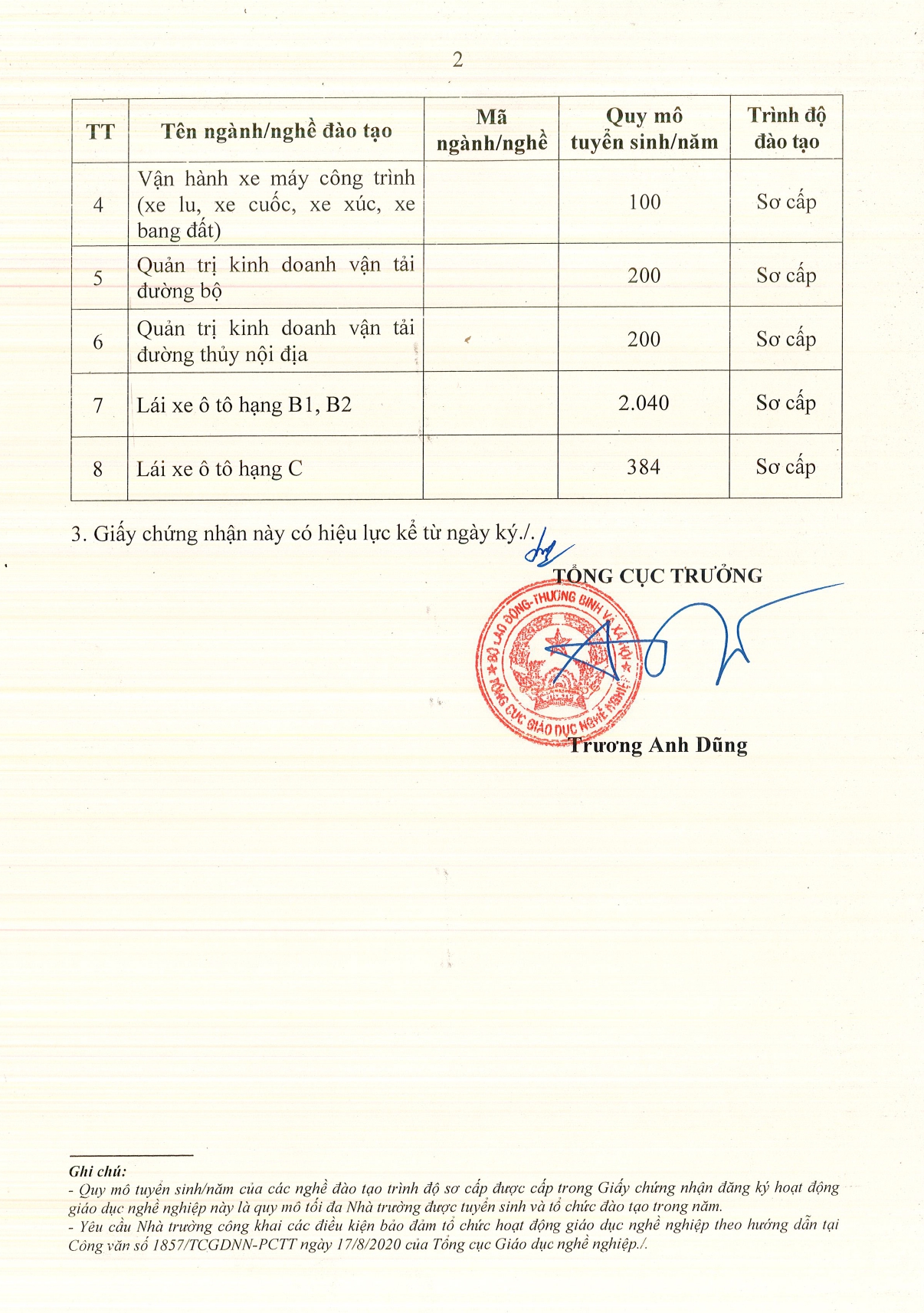 Giấy chứng nhận đăng k&yacute; bổ sung hoạt động gi&aacute;o dục nghề nghiệp