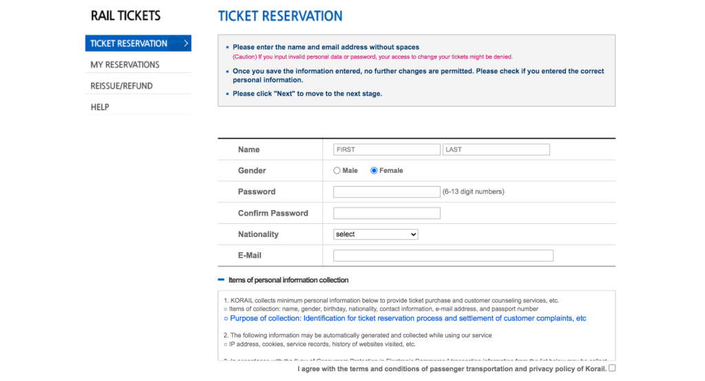 Giao diện đặt vé của Korail trên website chính thức