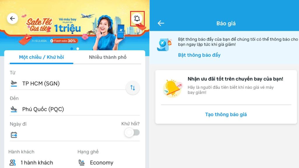 tinh nang thong bao gia ve Traveloka
