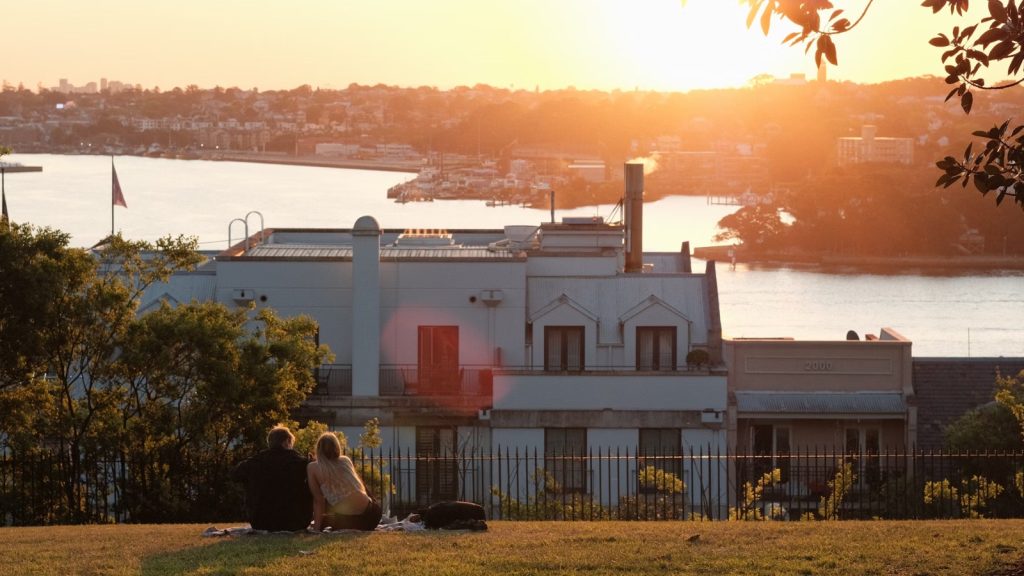 Observatory Hill in The Rocks, Sydney at sunset.