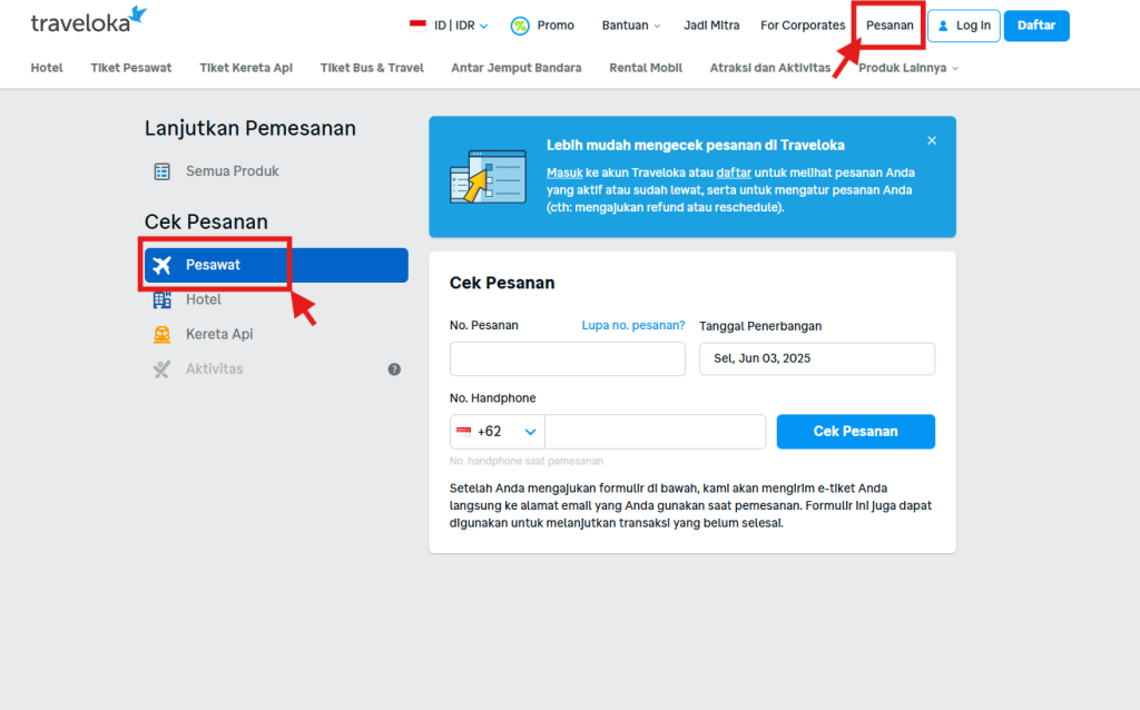 Cara Cek Tiket Pesawat di Situs Website Traveloka