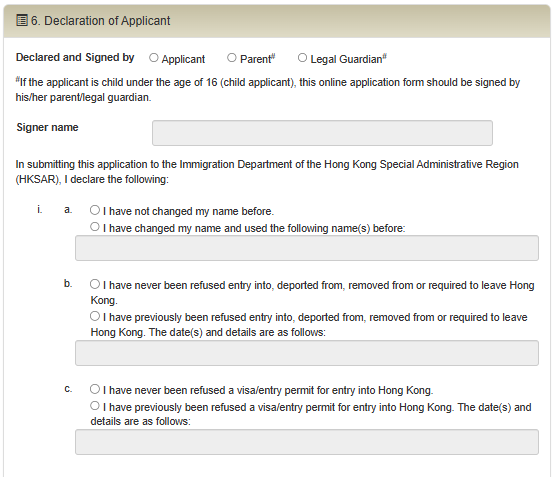 Giao diện thông tin tại mục số 6 khi làm evisa Hong Kong 