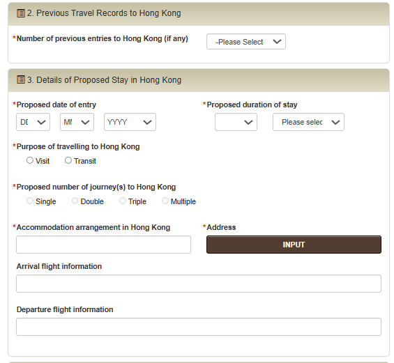 Giao diện thông tin tại mục số 2 và mục số 3 khi làm evisa Hong Kong 