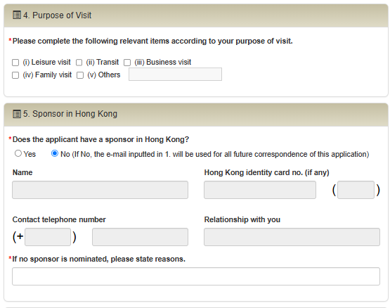 Giao diện thông tin tại mục số 4 và mục số 5 khi làm evisa Hong Kong